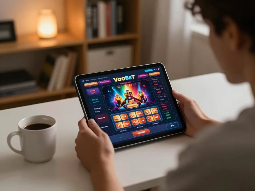 Playing VaoBet casino games on a tablet in a cozy home office