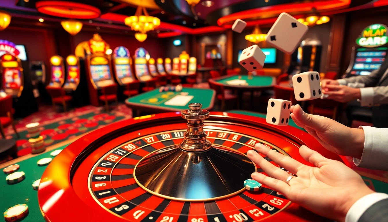 Players enjoying a thrilling roulette game at https://urr88.com/, surrounded by vibrant casino elements.