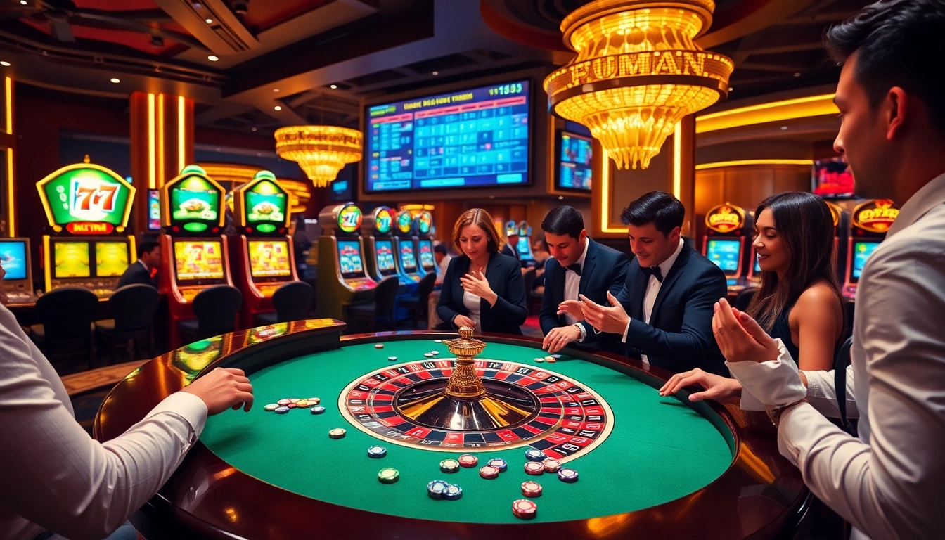 Players enjoying exciting casino games at ku88 with vibrant atmosphere and gambling action.