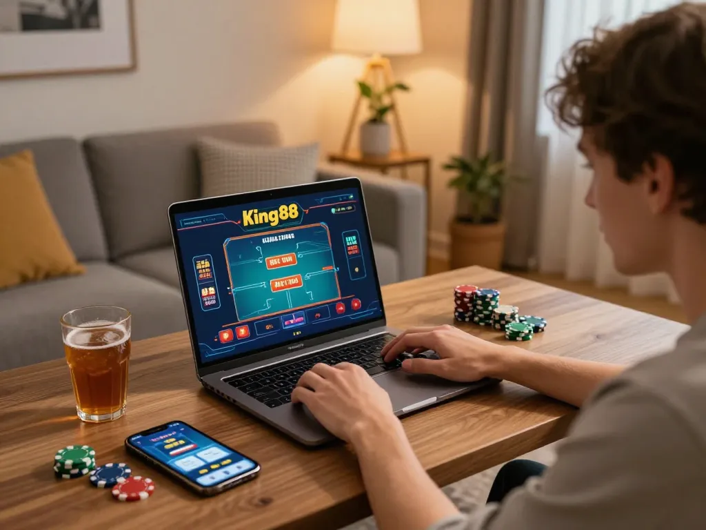 Player experiencing king88 online gaming in a cozy living room setup, showcasing a laptop and smartphone.