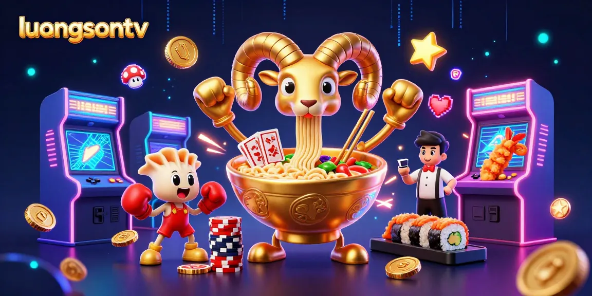 luongsontv showcases dynamic casino-themed characters like ramen bowl and gyoza in a vibrant 3D setting