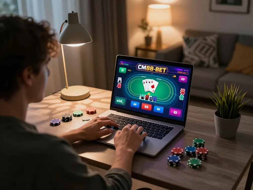 Engaging CM88-BET online gaming scene with vibrant poker interface in cozy atmosphere