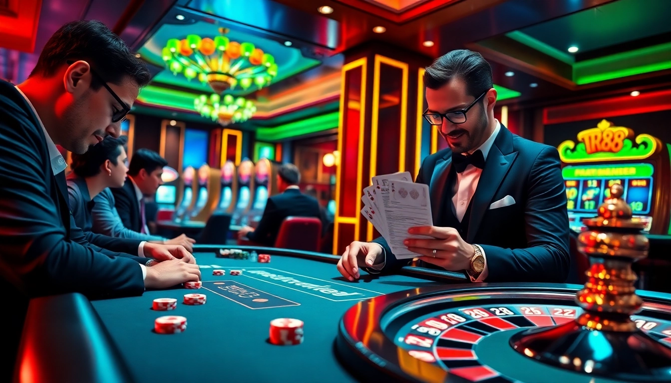 TR88 poker players engaged in high-stakes action within a luxurious casino setting.