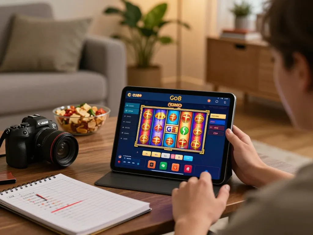 Engaging in online gaming at Go8 with dynamic tablet interface and cozy ambiance for responsible gambling experience
