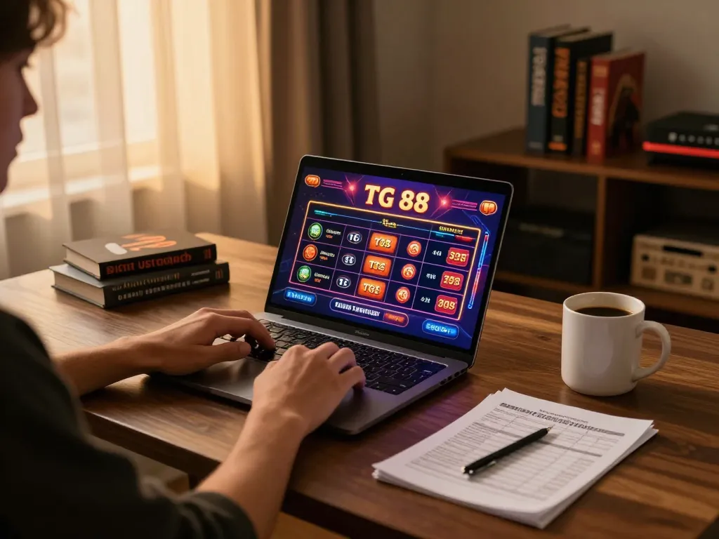Person engaging in online casino gameplay on TG 88 platform at home with notes tracking budget.