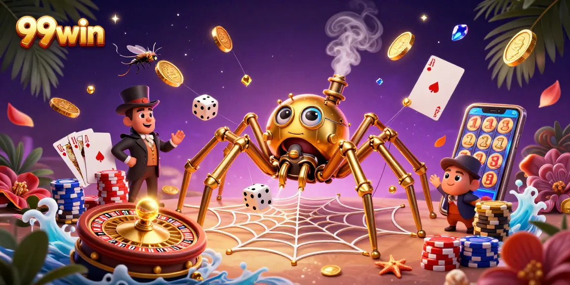 Win big with 99win's vibrant steampunk casino scene featuring a web of luck.