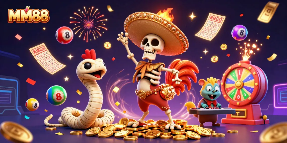 Celebrate with MM88: An exciting scene of casino characters amidst vibrant lottery and gaming elements.
