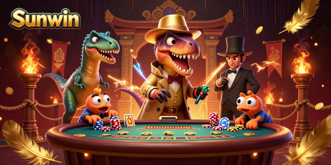 Sunwin shows a velociraptor playing blackjack while a stegosaurus watches, capturing casino excitement.