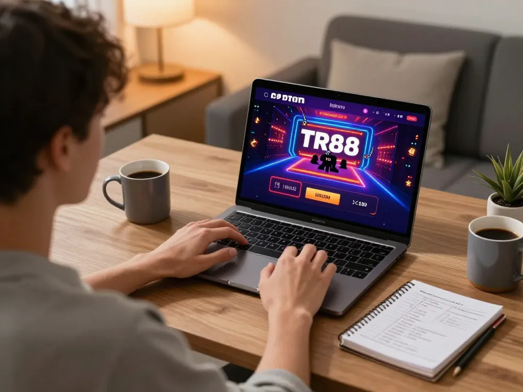 Player engaging with TR88's online casino platform in a cozy home setting, showcasing strategic gaming.
