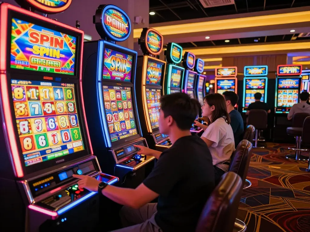Memikat pemain di area slot yang cerah menikmati permainan toto slot yang mendebarkan di bawah lampu berwarna-warni.