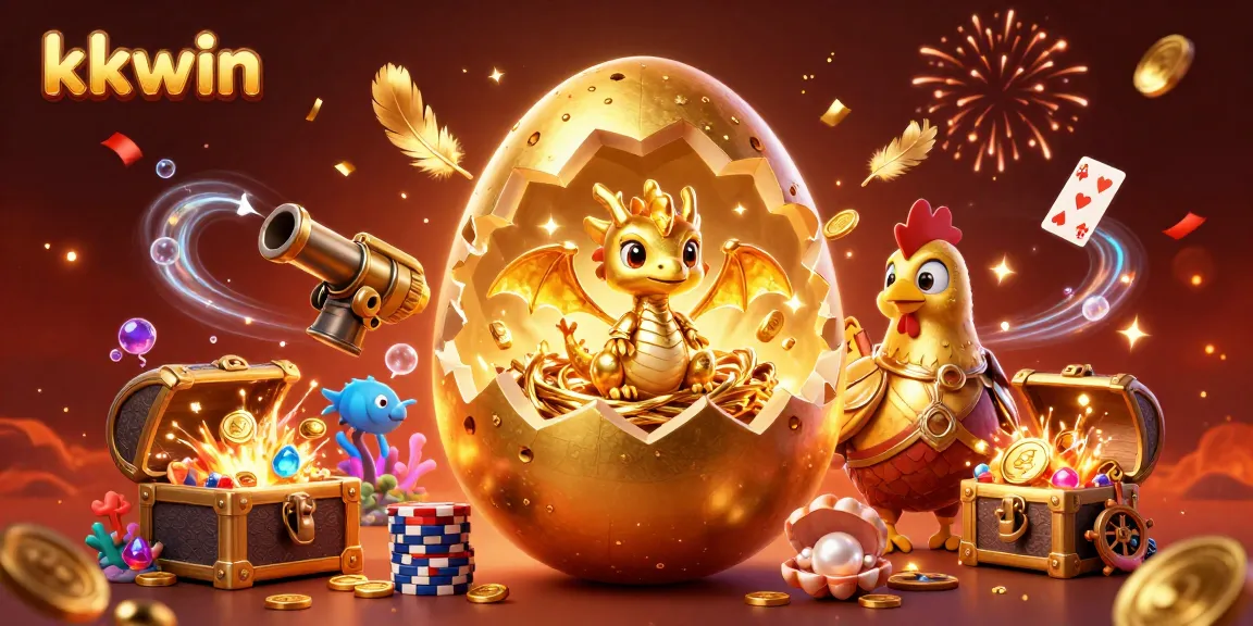 Experience kkwin's vibrant casino ambiance with a majestic golden dragon and treasure elements.