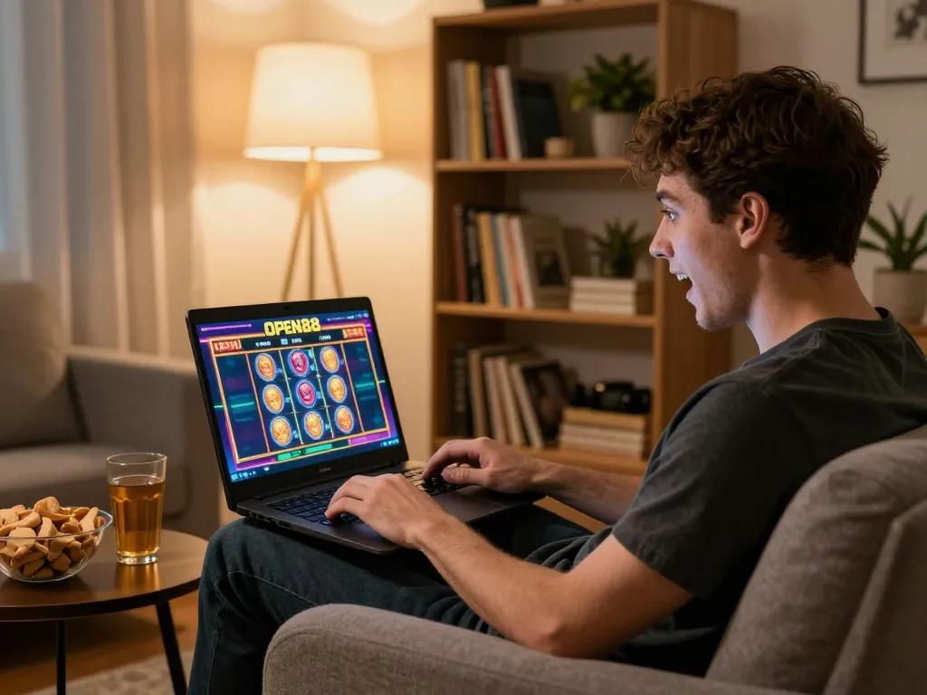 Engaging gameplay on OPEN88 showing vibrant slot games on a laptop screen in a cozy setting.