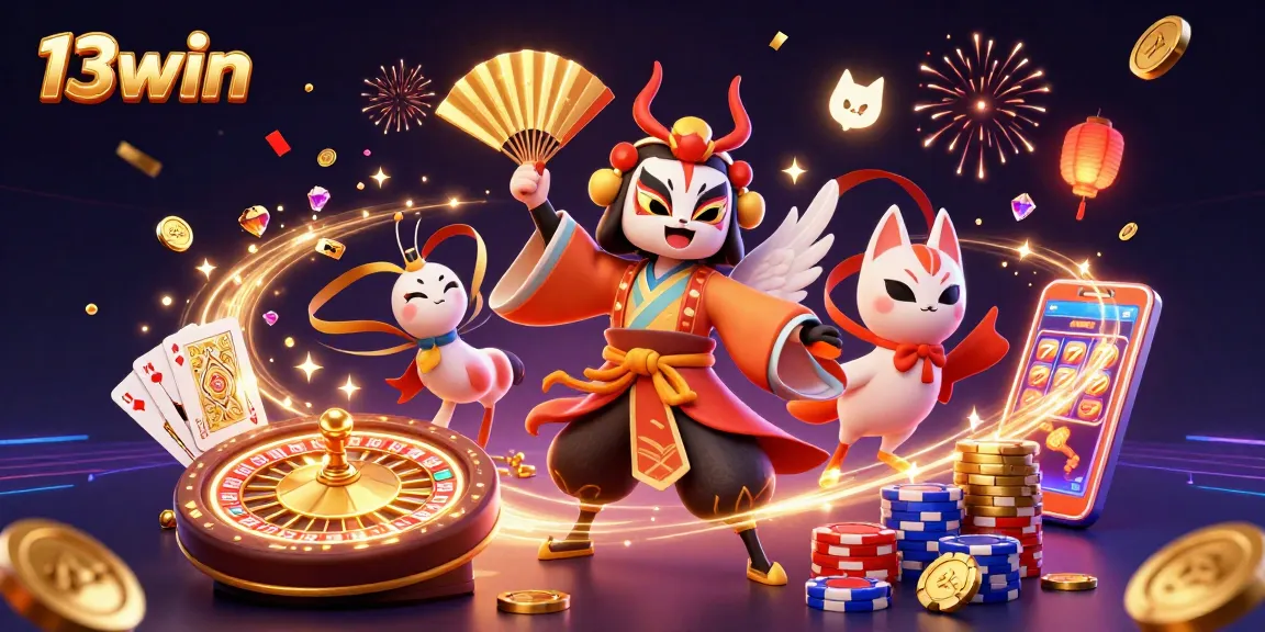Win big at 13win with vibrant characters and sparkling casino elements in this engaging illustration.