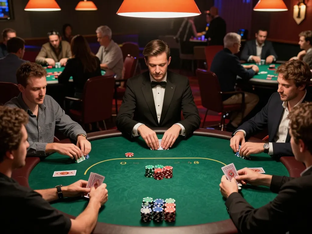 Players engaging in a high-stakes poker game at 99WIN's elegant casino, showcasing intense moments and colorful chips