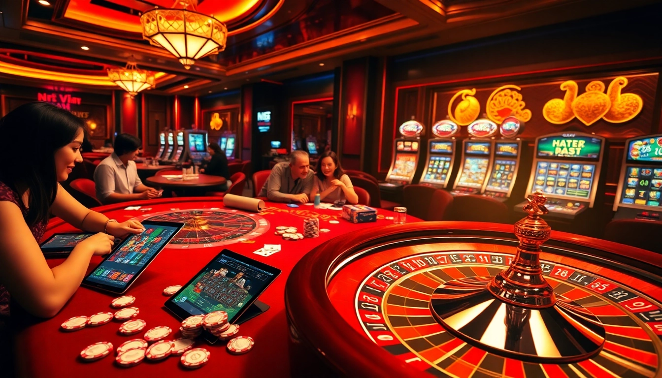 GA888 gamblers enjoying an exciting casino experience with vibrant tables and gleaming roulette wheels.