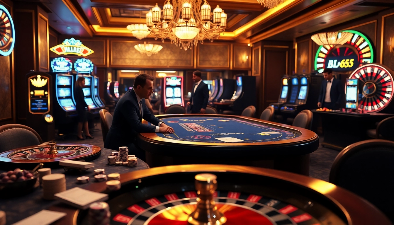 Engage with BL555 at a luxurious casino table, showcasing vibrant slot machines and a glowing roulette wheel.