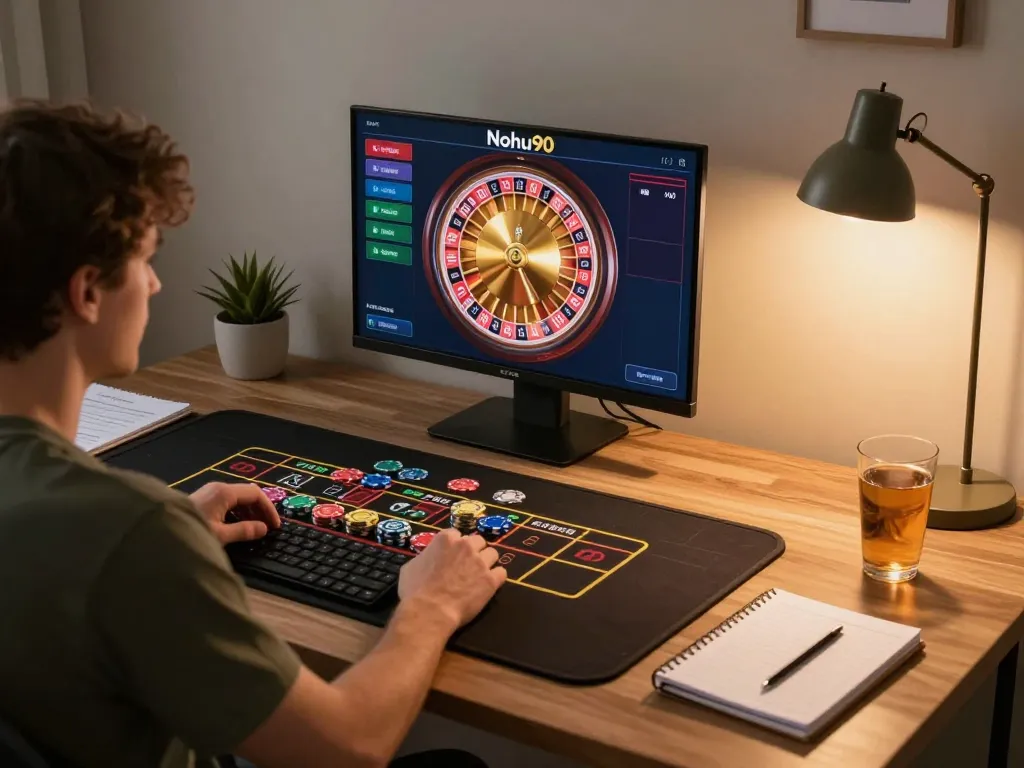Nohu90 player enjoying a live dealer game with strategic chips laid out at a home gaming setup.