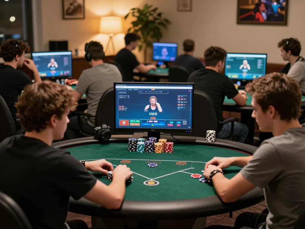 Sunwin poker enthusiasts engaged in an exciting online gaming session with vibrant visuals and warm ambiance.
