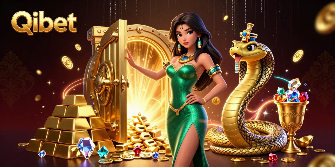 Experience Qibet with vibrant treasures and engaging gaming elements in this dynamic illustration.