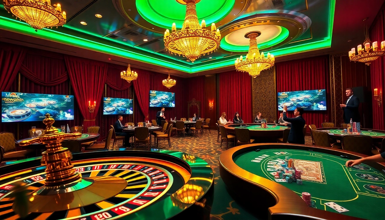 Players engaging in thrilling gambling at a casino, surrounded by newphim excitement and vibrant visuals.