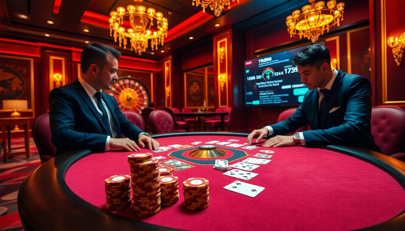 TR88 players enjoying a high-stakes poker game at an elegant casino table.
