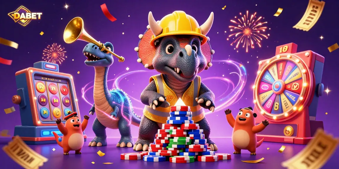 DABET showcases a festive casino scene with a triumphant triceratops and vibrant gaming elements.