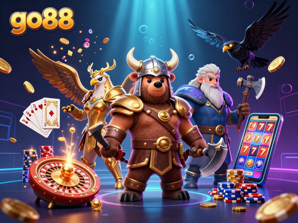 Engage in thrilling games at go88, featuring Viking warriors and casinos elements.