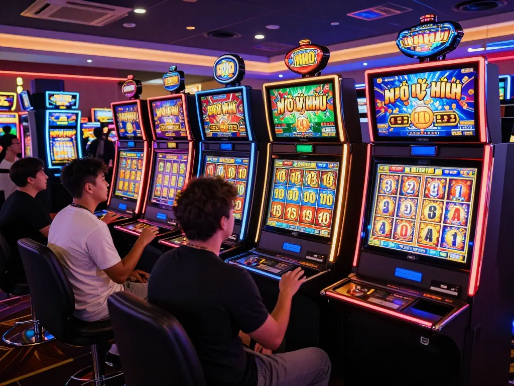 Players celebrating their wins while engaging with nổ hũ slot machines amidst lively casino atmosphere.