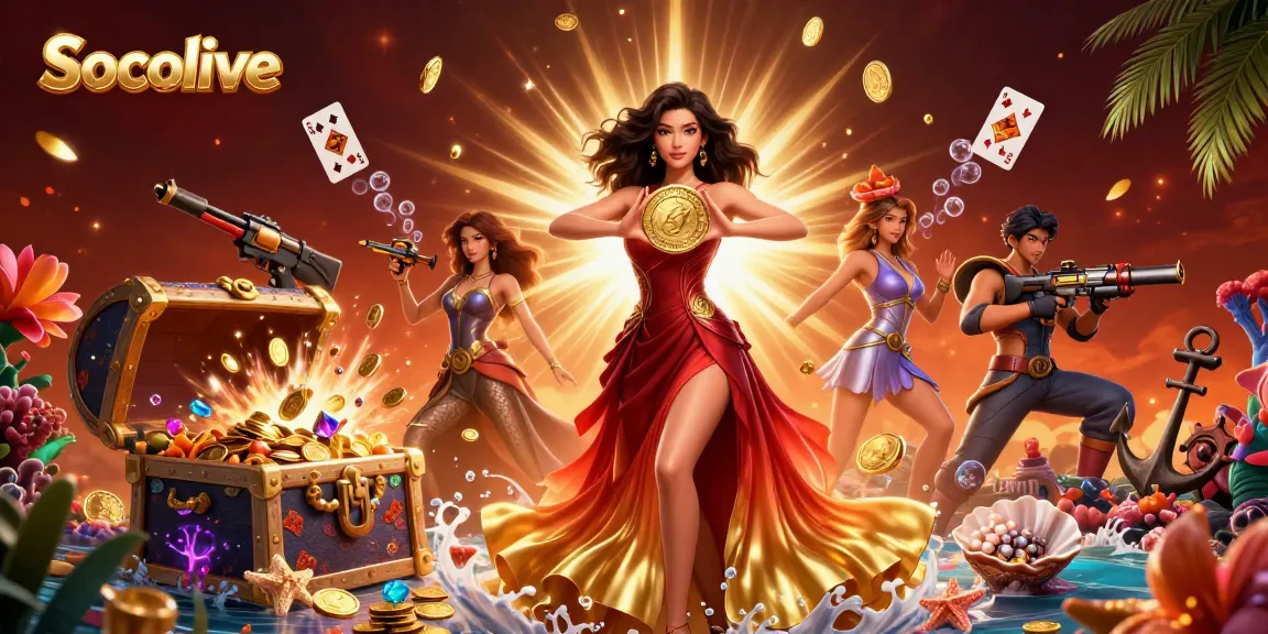 Socolive showcases a stunning scene of an Asian woman triumphantly holding a golden coin amidst an opulent casino-themed background.