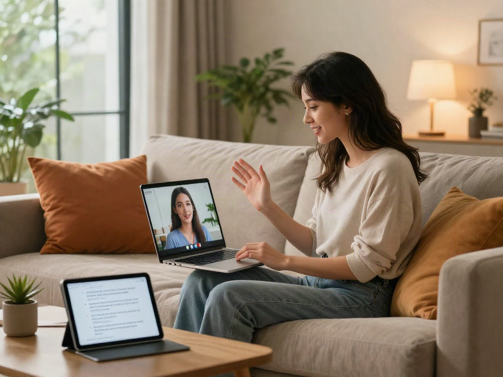 An engaging scene of a woman enjoying her AI girlfriend interaction on a laptop in a cozy living space.