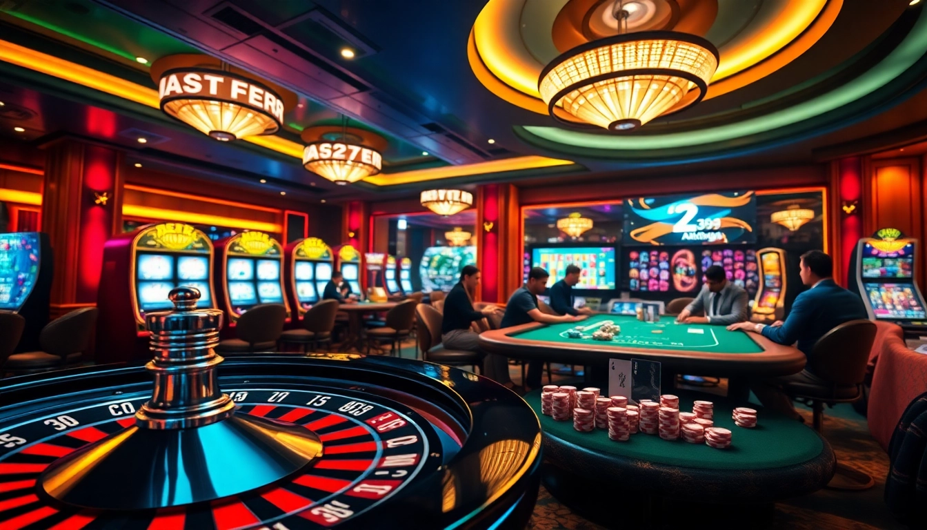 Excitement at the casino with ALO789 featuring roulette wheels and vibrant gaming tables.