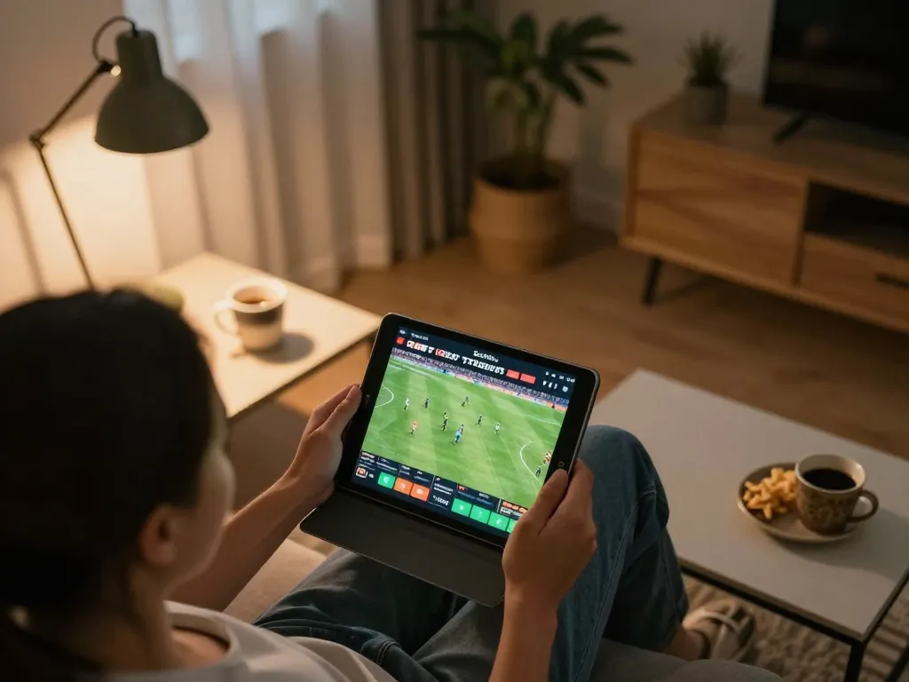 Socolive user engaged in online sports betting, enjoying a live football match from home with a tablet