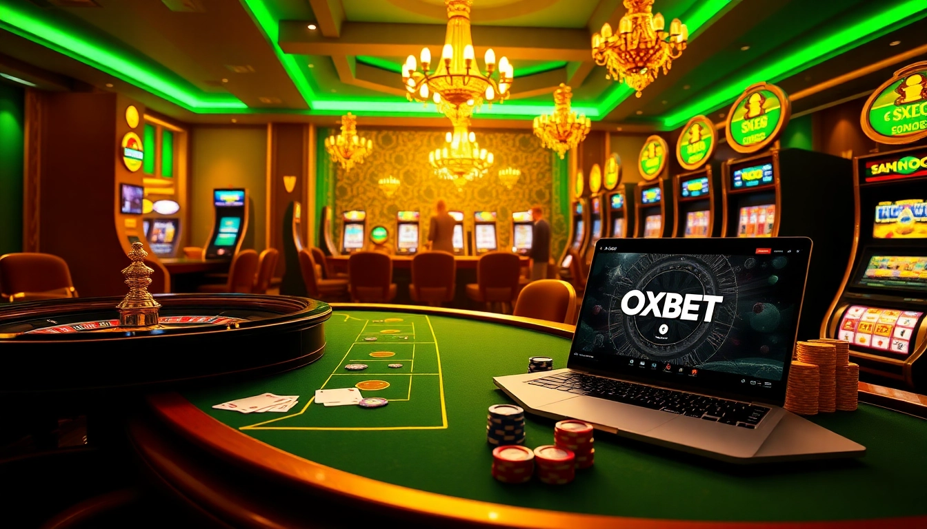 Experience the thrill of online gambling with OXBET's luxurious casino setup featuring roulette, poker, and slot machines.