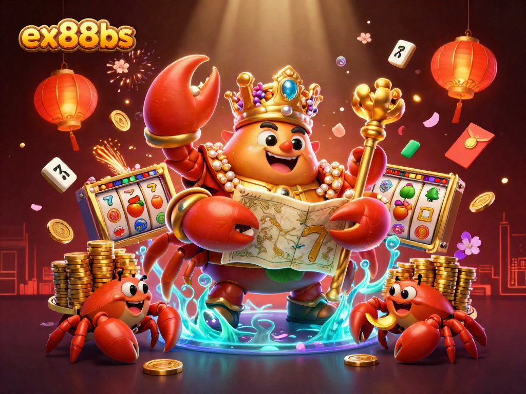 Engage with playful gambling elements in a vibrant ex88bs casino scene featuring a golden crab emperor.