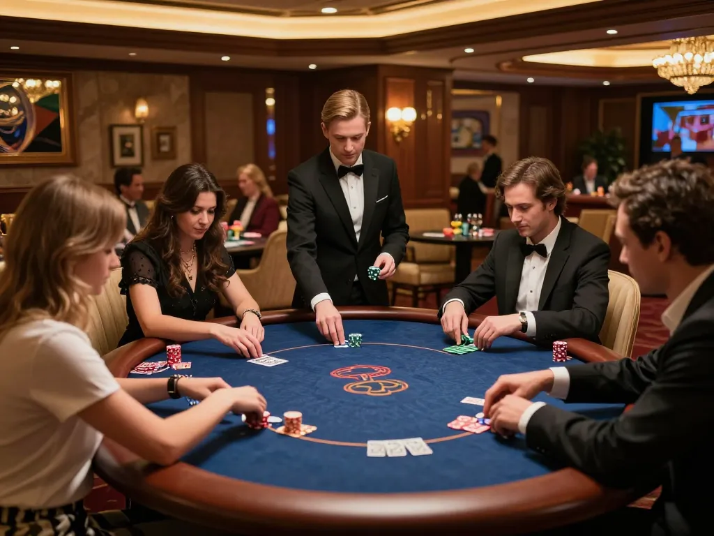 sun win players celebrating a big win at a luxurious poker table in an upscale casino