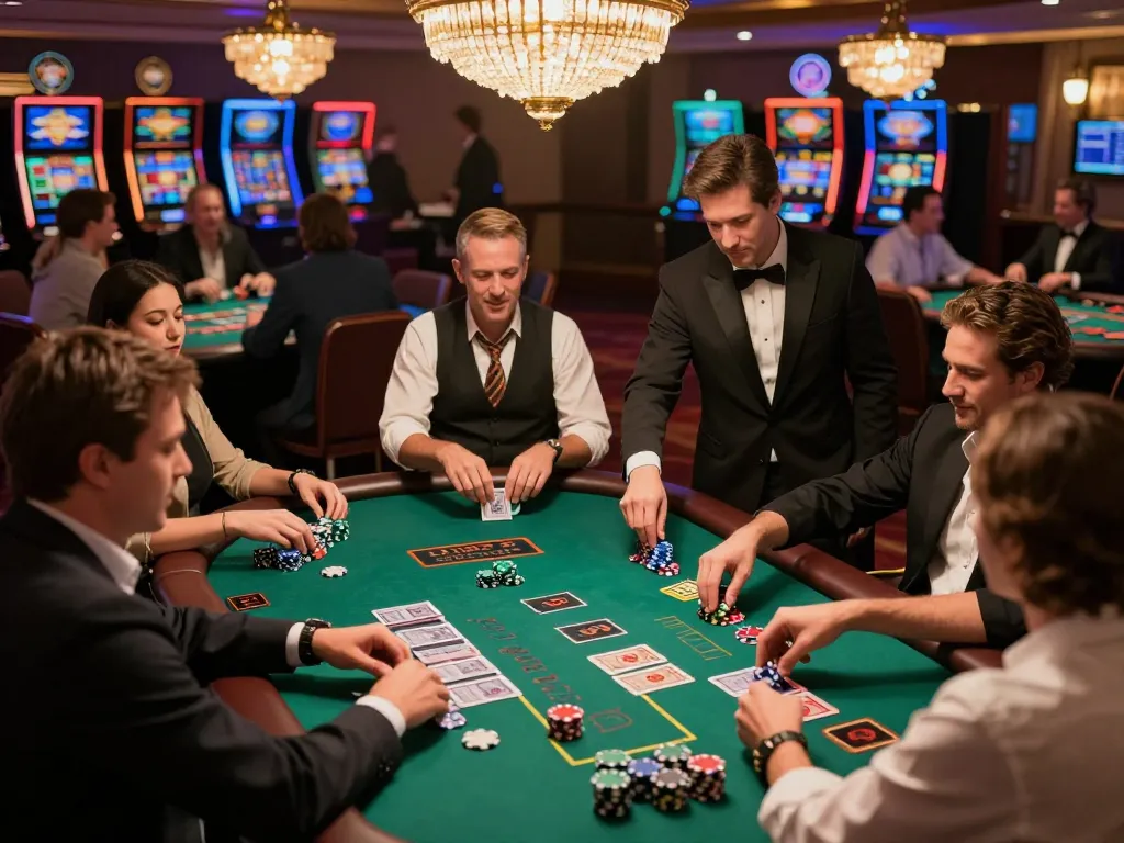 SAY88 players celebrating wins at blackjack tables with vibrant chips and cards in a lively casino atmosphere.