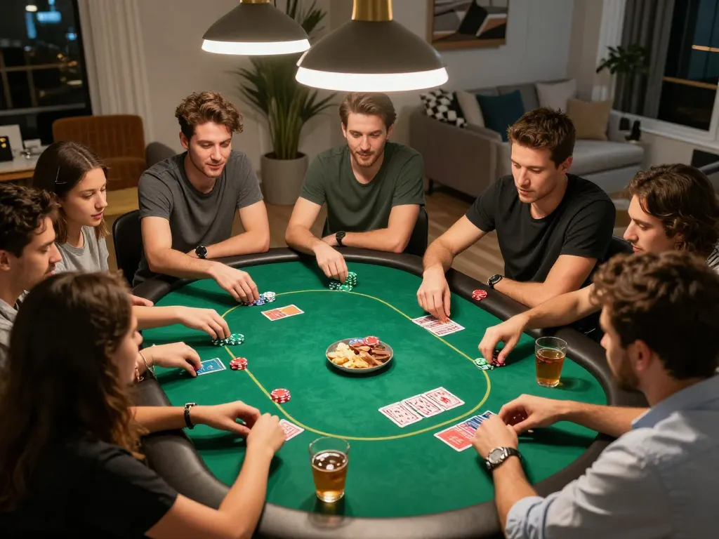 Friends enjoying poker night at home with competitive atmosphere, highlighted by lc88 bio gaming strategies.