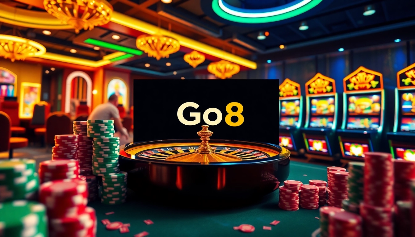 Exciting Go8 casino scene with slot machines, poker chips, and roulette wheel.