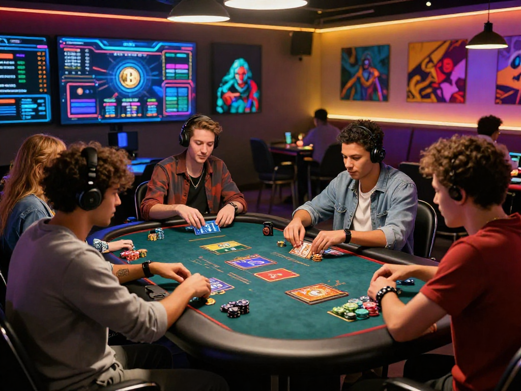 Engaging scene of a diverse group at a vibrant crypto casino table with holographic displays and colorful chips.