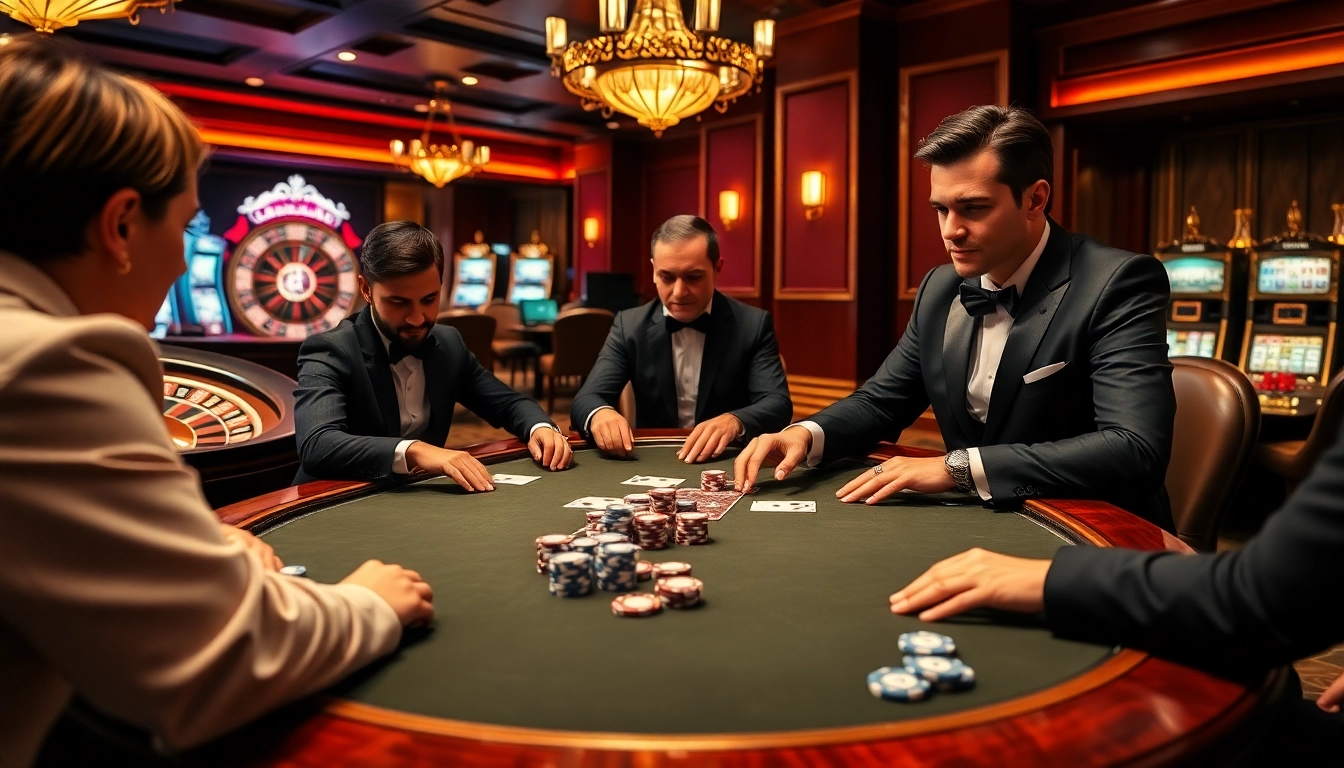 High-stakes poker game at https://da88.navy/ with elegant chips, cards, and a bustling casino atmosphere.