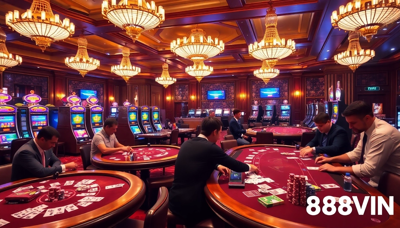 Exciting poker game scene at 888VI casino with stacked chips and vibrant atmosphere.
