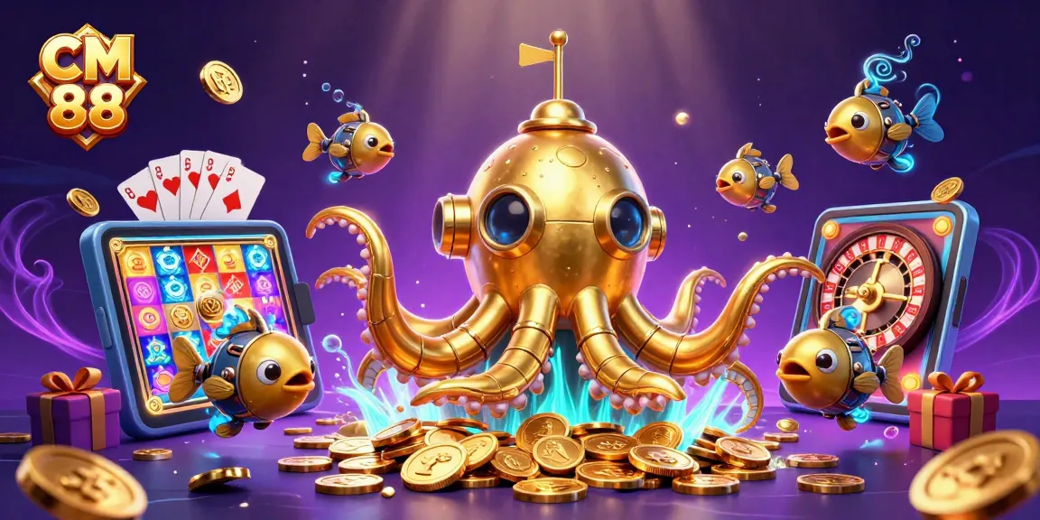 Engage with CM 88's thrilling underwater casino adventure featuring a golden kraken and slot games.