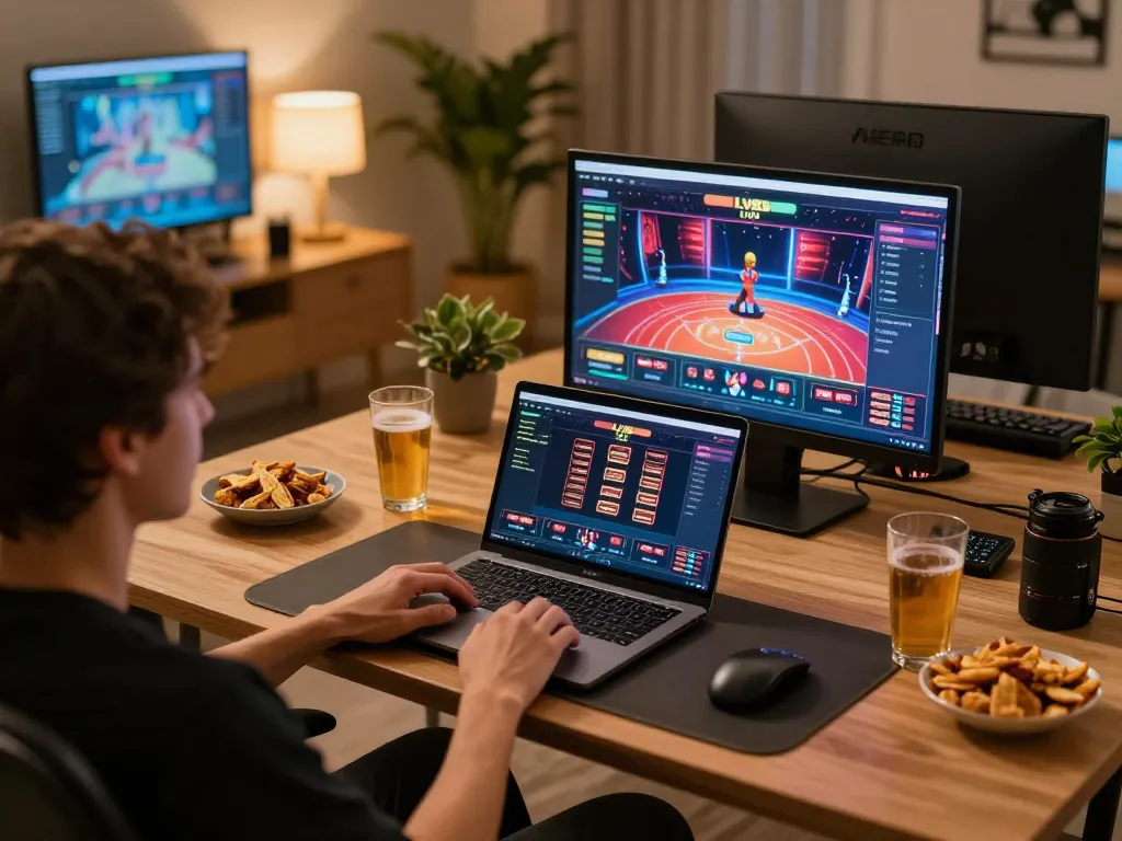 Player engaging with the LV88 online casino interface from a cozy home setup, highlighting modern gaming convenience.