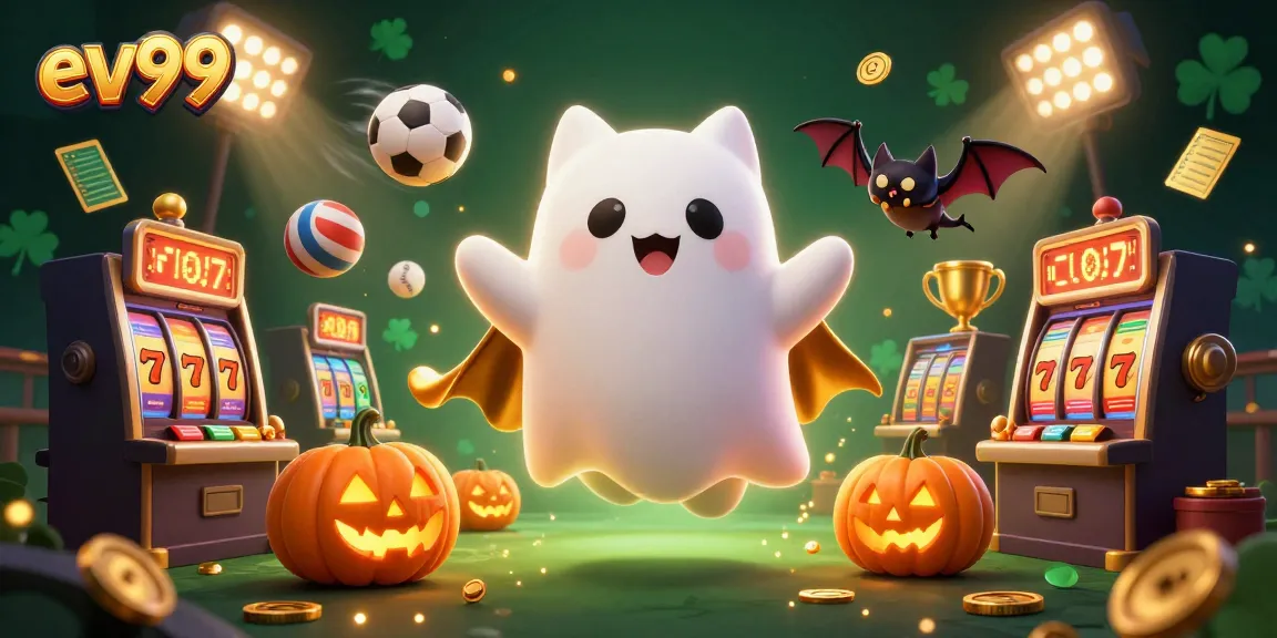 ev99 showcases an exciting ghost cat and flying elements in a haunted casino illustration.