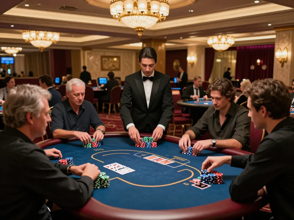 Players engaging in a strategic poker game at go8 casino's elegant table with colorful chips.
