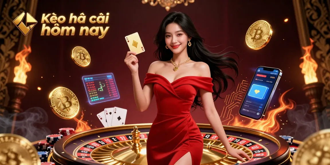 Experience Kèo nhà cái hôm nay with a confident young woman holding a golden playing card amidst a vibrant casino scene.
