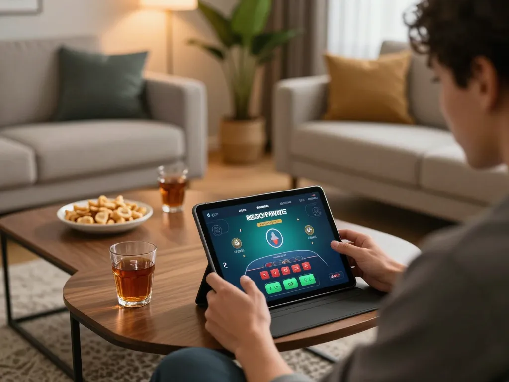Engaged player strategizing in online blackjack on tablet at home, showcasing BJ88