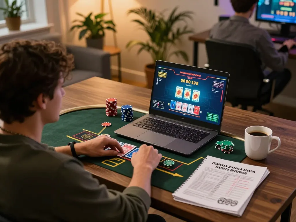 Engaged user playing blackjack on 999bet in a cozy gaming setup with strategic notes