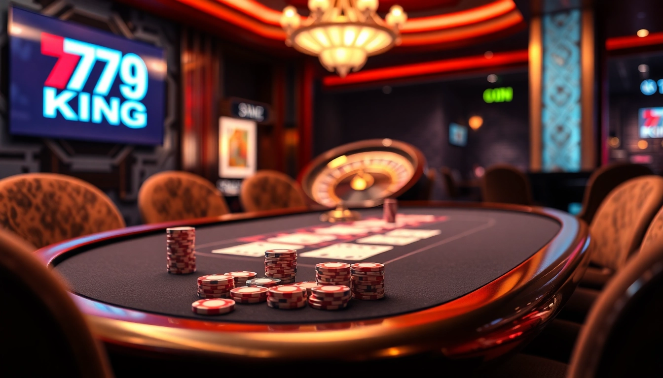 Engaging poker table with 79KING branding, luxurious chips, and roulette wheel glittering in casino lights.