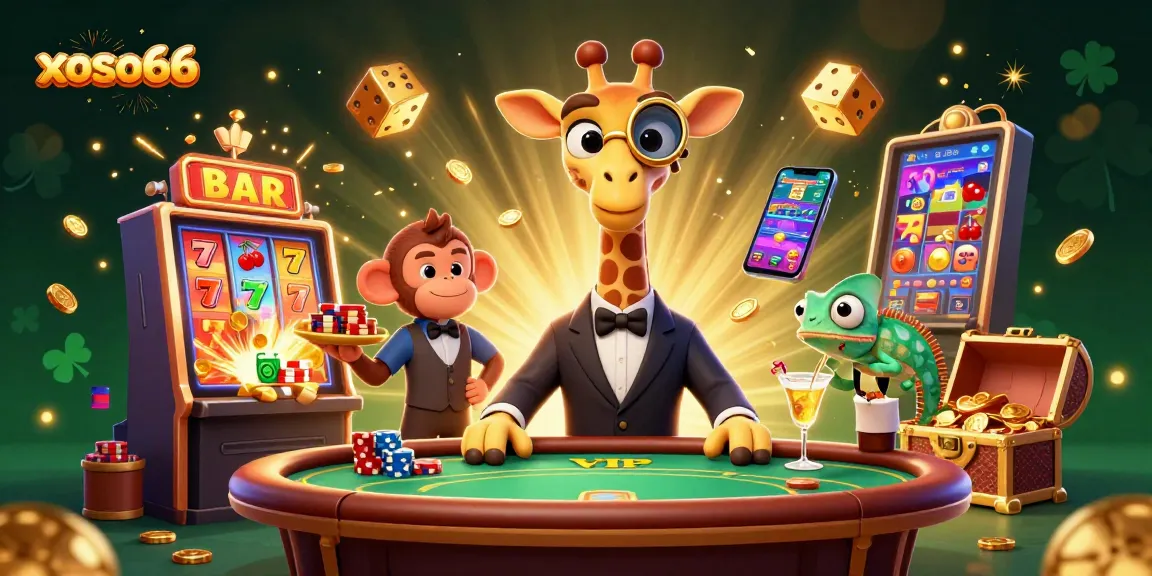 Experience excitement at xoso66 with a vibrant 3D casino scene featuring playful characters and dynamic gaming elements.